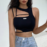 Zingj 2024 New Fashion Street Style Pure Color Asymmetrical Spicy Girl Hollow Out Short Small Vest Woman-Outfit