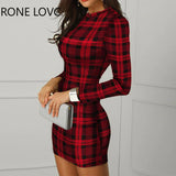 Women Plaid Long Sleeve Bodycon Dress Party Sexy Dress Elegant Fashion