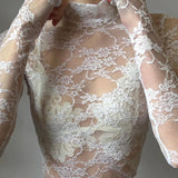 Solid Color Temperament Sunscreen Lace Lace Perspective Long-Sleeved Half-Neck T-Shirt Top