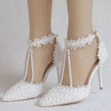 White Lace Wedding Shoes One-Word Wristband Bridal Shoes Fine Heel Tip Wedding Shoes Women's