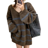 Breeze Loose V-Collar Head Striped Sweater Autumn And Winter Retro Temperament Medium-Long Style Sweater