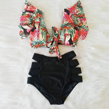 Ruffled Hem Bikini Set Women Flora V-Neck High-Waisted Two Piece Swimsuit 2021 Girl Beach Bathing Suit Swimwear