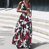 Summer Autumn Long Dress Fashion Retro Floral Print Sleeveless Holiday Dress Sexy Women Deep V Neck Elegant Party