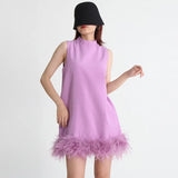Zingj Sense Ostrich Hair Splicing Lady A-Line Dress 2024 Summer New Sleeveless Solid Color