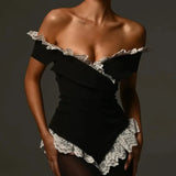 Black Lace Trim Off -Shoulder Bodysuit- Outfit