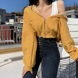 Solid Color Casual Zip Up Cropped HoodieOutfit