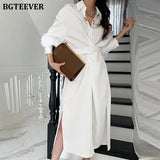 Summer Turn-down Collar Women Midi Dress Full Sleeve Single-breasted Female Shirt Dress Ladies Side Split Solid