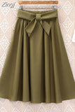 Women Preppy Style Summer Skirt Casual A-line Solid With Belt Mid-length Fashion Elegant Chic Girls Midi Skirts