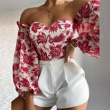 Floral Print Strapless Chiffon Shirt Fashion Women Off Shoulder Halter Sexy Blouse Shirt Summer Backeless Tops