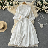 Zingj Hollowed-Out Dress Women's Bubble Sleeves New Loose Embroidery Light Ripe Wind Waist Showing A Long Skirt With Thin Lotus