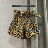 2022 New Arrival High Waist Brown Leopard Slim Wide Leg Shorts With Belt Fashion Tide Women