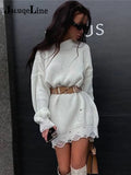 O Neck Oversized Mini Knitted Women Sweater Dress Autumn Winter Long Sleeve Elegant Street Casual Loose
