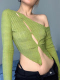 Irregular Off Shoulder Sexy Crop Top T Shirt Women Solid Hollow Out Long Sleeve Basic T-shirt Ladies Korean