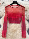 Korean Style Two Piece Suits O Neck Midi Blouse+High Waist Colorful Bodycon Skirt Women Fashion Transparent Slim