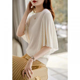 Wan Feminine Taste Splicing Flounce Sleeve Comfortable Round Collar Knitting Five Minutes Sleeve Jacket