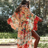 Bohemian Floral Printed Front Open Summer Women Beach Wear Wrap Dress Chiffon Tunic Sexy Sarongs Robe de Plage Pareo