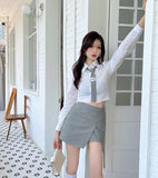 College Style Suit Age-Reducing Parallel Bars Tie White Shirt Top Women's Gray High-Waisted Split Hakama Two-Piece