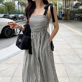Zingj Chic Summer Niche Temperament Square Collar Dew Collarbone Color Stripe Waist Show Thin Halter Dress
