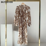 2021 Spring New Stand Collar Women Full Sleeve Dress Elegant Hit Color Female Lace-up Printed Midi Dress