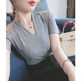 Zingj Temperament Goddess 2024 Autumn New Good Version V Collar Short Sleeve Female Slim Slim Elastic Cotton Black