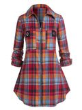 Zipper Grommet Pocket Plaid Shirt Grommet Pockets Zippers Tops 3XL Long Women
