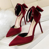 Zingj Korean Version Of Sweet Women's Shoes Fine Heel High Heel Shallow Mouth Pointed Silk Hollow Bow After A Word With