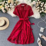 2021 Summer Women Vintage Hollow Out Short Sleeve Overknee Dress High Waist Sashes Buttons New Female Embroidery