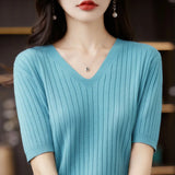 Zingj The Summer Of 2023, Women's Knit Short Sleeve Korean V-Neck Solid Color T-Shirt And A Pit Top-Outfit