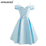Spaghetti Strap Vintage Dress Light Blue Bow Front Solid Women Short Sleeve Elegant Ladies Formal Party Sling