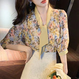 Floral Print Chiffon Blouse Women Korean Elegant Bow Tie Scarf Collar Sweet Shirts Loose Casual Short Sleeve Tops