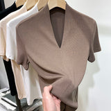 Blouses and Shirts Summer Clothes for Women V Neck Green Blue Gray Slim Skinny Shirts Short-sleeved Top Women's