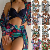 2024 New Bikini Gathering Sexy Mesh Three-Piece Set Of Split-Print Swimsuit