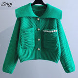 Sweet Lolita Pearl Knitted Sweater Women Peter Pan Collar Single Breasted Cardigan Autumn Preppy Style Loose