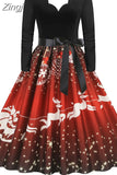 Women Christmas Party Dress Elegant Vinatge Long Sleeve Winter Sundress V Neck New Year Costume Clothing