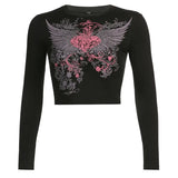 Heart Print 2000s Aesthetic Crop Top T Shirt Women Harajuku Black Long Sleeve T-shirt Ladies Fashion Basic
