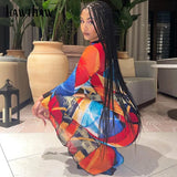 Women Fashion Autumn Long Sleeve Printed Bodycon Irregular Red Midi Dress 2021 Fall Female Wholesale Clothes