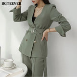 Elegant Women Blazer Suit Autumn Office Ladies Pant Suits V-neck Belted Blazer & Suit Pants 2020 Work Wear Female
