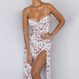 Elegant Spaghetti Strap Sleeveless High Split Dress For Women Gown Summer Autumn Backless Print Sexy Club Dress