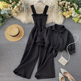 Two Pieces Set Women Loose Short Sunscreen Jacket + Suspending Rompers Clothing Female Casual Holidays