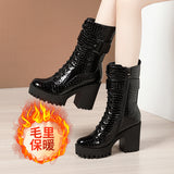 Martin Boots 2023 Autumn / Winter Cheongsam Walking Shoes Tie English Style Thick Heels Lacquered Leather Boots Women's Short