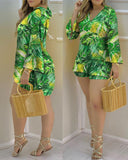 Women Plain Bell Sleeve V-Neck Long Casual Loose Top &amp; Shorts Set Casual Summer Solid Streetewar Suit