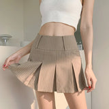 Khaki Tennis Pleated Mini Skirts Woman Casual Striped High Waist Shorts Skirts Summer Preppy Style Korean