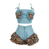 Sweet Suit Suspenders Hot Pants Two-Piece Women Summer Hot Girl Sexy Ruffled Halter Top + High Waist Shorts