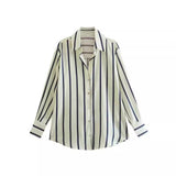 Zingj New Fashion Temperament Lapel Multi-Color Stripe Silk Satin Texture Long Sleeve Loose Shirt