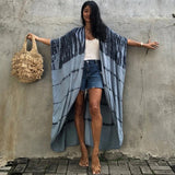 Sexy Black Retro Striped Batwing Sleeve Self Belted Plus Size Long Kimono Tunic Women Tops and Blouses Shirts