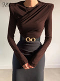 2021 O Neck Brown Long Sleeve Crop Top Women Basic Casual Autumn Winter Sexy T Shirts Black Ruched Streetwear