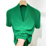 Blouses and Shirts Summer Clothes for Women V Neck Green Blue Gray Slim Skinny Shirts Short-sleeved Top Women's