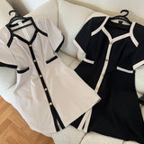 Summer Women's Sexy Elegant Casual Female Dress Short Sleeve V-Neck Contrasting Colors Back Zipper Clebrity Party
