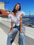 2022 Summer Feather Corset Crop Top Women Black Off Shoulder Red Cami Party Club Sleeveless Sexy Tank Tops