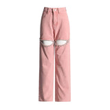 Style Autumn 2025 New Middle Waist Long Straight Cylinder Set Diamond Hollow Out Design Women's Solid Color